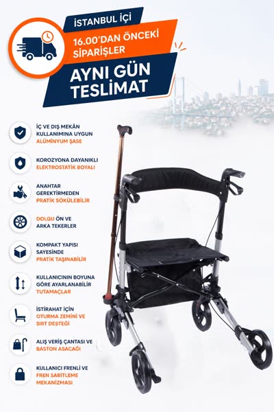 Rolatör Yürüteç Gri | Alüminyum Gövde, Katlanabilir, Frenli ve Dolgu Tekerlekli DM-9102